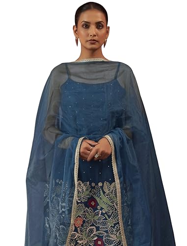 Image of Arangya Women's Embroidered Strappy Kurta & Flowy Palazzo with Organza Dupatta l Designer Ethnic Suit Set l Outfit