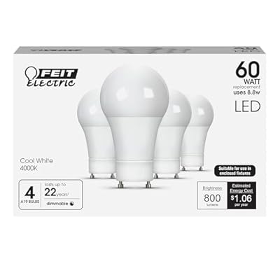 Feit Electric A19 LED Light Bulbs, 60W Equivalent, GU24 Twist-Lock Base, Dimmable, 4000K Cool White, 800 Lumens, 90+ CRI, Enclosed Fixture Rated, 25,000-Hour Lifetime, OM60DM/940CA/GU24/4, 4-Pack