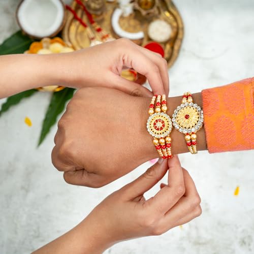 Image of Rakhi Gold Plated Kundan traditional (Set of 2) with Roli Chawal and Raksha Bandhan Greeting Card for Brother (R-1 & R-2)