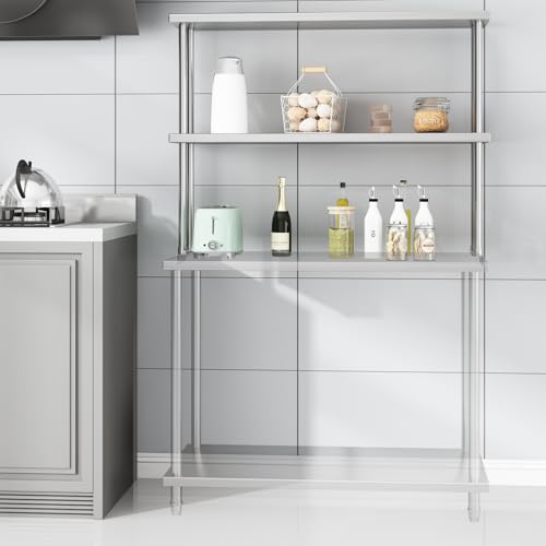 Garvee 12"x48" Stainless Steel Overshelf for Prep & Work Table, 360Lb Capacity Commercial 2 Tier Worktable Shelf, Adjustable Double Overshelf for Restaurant, Kitchen, Garage, Workshop