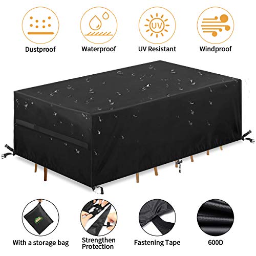king do way Abdeckung Gartenmöbel Gartentisch Abdeckung Wasserdicht, Abdeckung für Gartenmöbel-Set, Tisch und Stühle Outdoor Staubdicht, 600D Polyester Schwarz (600D Oxford, 180 * 120 * 74cm)