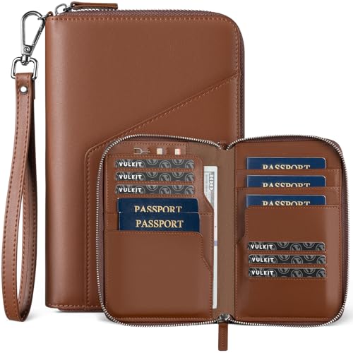VULKIT Family Passport Holder for 4 Passports - RFID Blocking Travel Wallet Holds Up to 5 Organizer with 4 Slots for Cards & SIM Secure Zipper Closure Family Travel Essentials (Espresso)