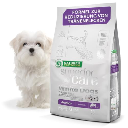 Nature's Protection Superior Care Hypoallergenes Hundefutter Trocken Getreidefrei für Alle Rassen - Welpenfutter mit Lachs für weiße Hunde, Entfernt Braune Tränenflecken, 10kg