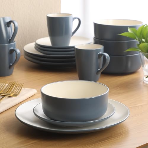 Image of Gibson Elite Oxford Blue Plates and Bowls Sets, 16 Piece Stoneware Dinnerware Sets for 4, Two Tone Dishware Sets, Dinner Plates Dessert Plates Bowls Mugs