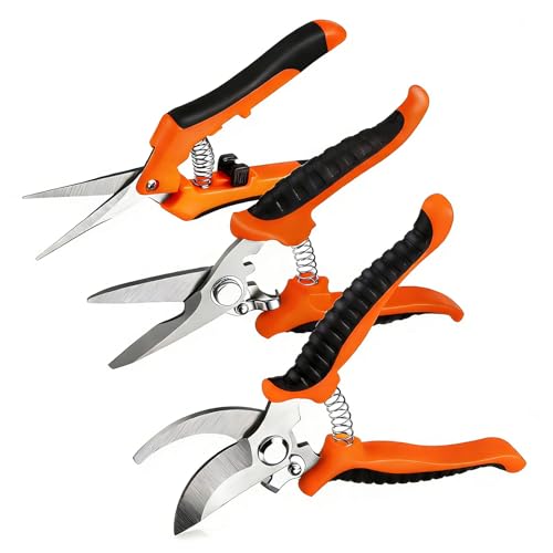 Gartenschere Set, Bypass Schere für frisches Holz, Rosenschere, Ernteschere Trimmschere Pflanzenschere für Äste, Blume, Bonsai Obst und Gemüse, Hochwertige Stahl-Klingen, Ergonomische Griffe, Orange