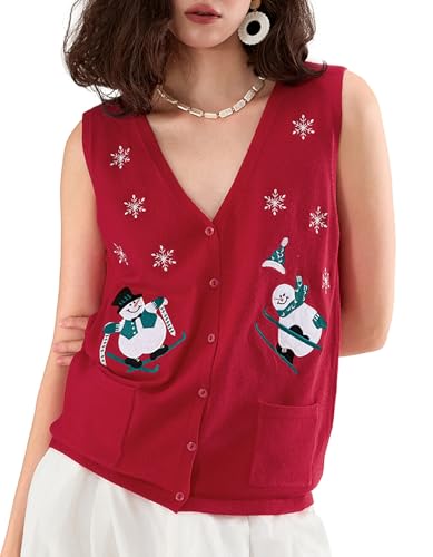 Image of KMBANGI Women Christmas Button Sweater Vest Embroidery Sleeveless Cardigan