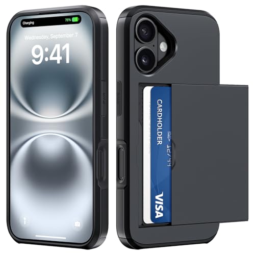 ÁRBOLORO Cover per iPhone 16 con Porta Carte Custodia Portafoglio Antiurto Anti-Graffio Resistente Grado Militare Protettiva Slot Nascosto Scorrevole Case, Nero
