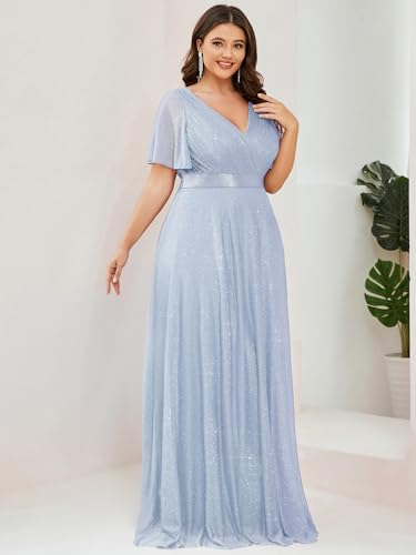 Image of Ever-Pretty Plus Women's Glitter Formal Dress Evening Gown for Gala V-Neck Short Sleeve Floor Length Plus Size Prom Dresses