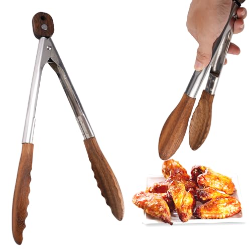 Zangen zum Kochen aus Nussbaumholz und Edelstahl, 29 cm Holz Grillzange, Premium Küchenzange, Kochzange, Servierzange, Hitzebeständig und Pflegeleicht, Ideal für BBQ, Salat, Toaster, Brot & Gurken