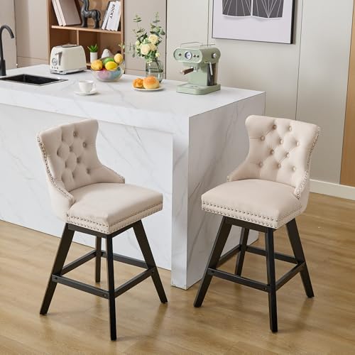 A ALFRESCOOL Sillas de comedor giratorias, 2 unidades, sillas de comedor, sillas de cocina, sillones de terciopelo, con cierre de botón, patas de madera, clavos decorativos en acabado cromado, para