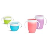 Snack™ Catcher Toddler Snack Cups, 2 Pack, Blue/Green & Miracle® 360 Trainer Sippy Cup with Handles, Spill Proof, 7 Ounce, 2 Pack, Pink/Purple