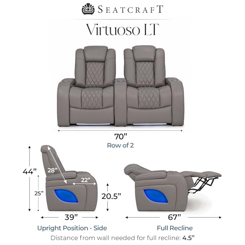 Image of Seatcraft Virtuoso LT Gray Italian Leather Home Theater Seating, Zero Gravity Power Recliner, Powered Headrest and Lumbar Gaming and Home Office Chair, Heat and Massage Lounge Sofa, Row of 2
