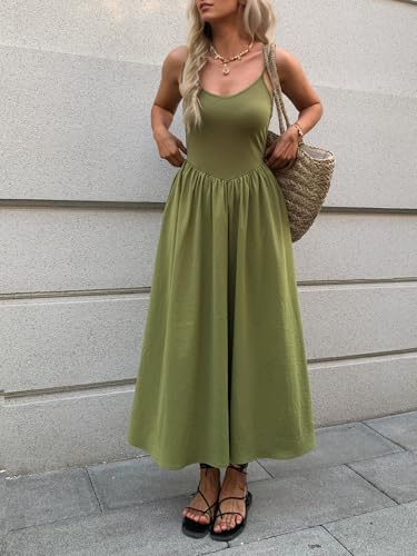 Image of Mieazom Women's Sleeveless V-Neck Maxi Dress with Pockets - Slim Fit Casual Summer Spaghetti Strap Dress for Vacation