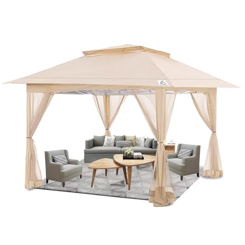 12’x12′ Pop Up Gazebo with Mosquito Netting, Heavy Duty Instant Outdoor Gazebo Canopy Tent for Backyard Patio Garden Parties and Events with Roller Bag, 4 Sand Bags, 8 Stakes & 4 Ropes, Beige