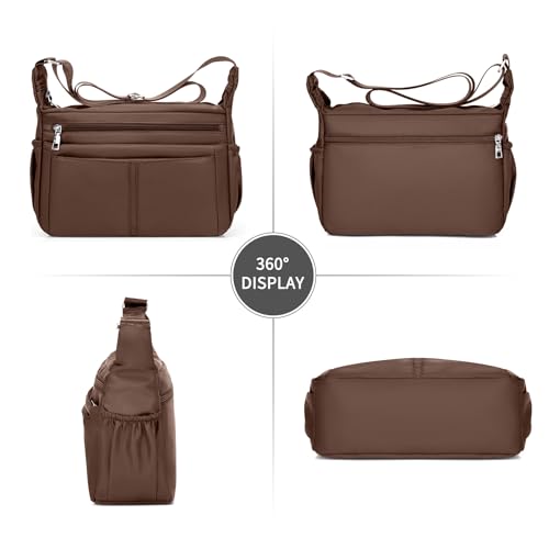 Women's Multi-Pocket Shoulder Handbag - Water-Resistant Nylon Crossbody Bag, Large Purses, Lightweight Messenger Bag - Brown2