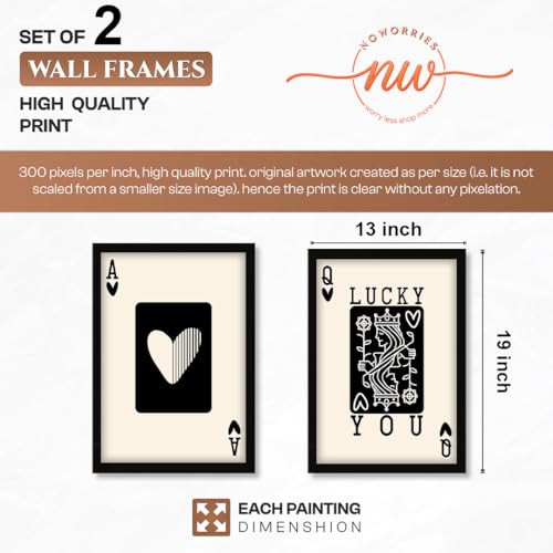 Image of NoWorries Typography Playing Cards Wall Art Framed Painting | Lucky Ace and Queen Heart Card Art Prints | Minimal Black & White Aesthetic Wall Decor | Premium 300 GSM Paper Print with Synthetic Wooden Frame | Modern Wall Art for Living Room, Bedroom & Office (Set of 2) (BLACK, ART-5, 13X19INCHES)
