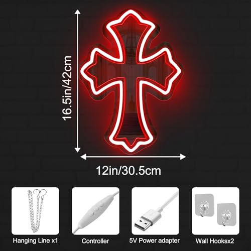 Image of Cross Gothic Y2K Cross Mirror Neon Sign Gothic Wall Decor | Corss Bedroom Mirror LED Light, Gift for Friends, USB Powered Dimmable Retro Wall Decoration, 16.5 inchx12 inch