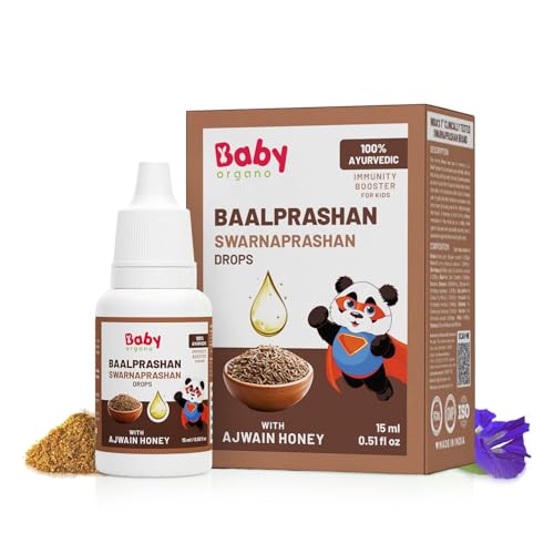 Image of BabyOrgano Swarnaprashan Drops for Kids, 0-15 Yrs, 15ml, Pack of 1 | Suvarnaprashan 24K Gold Drops, Swarna Bhasma, Brahmi, Shankhpushpi, Vacha, Ajwain & Honey, Immunity, Brain & Growth Support | AYUSH Approved | Ajwain Honey | 15ml (Pack of 1)