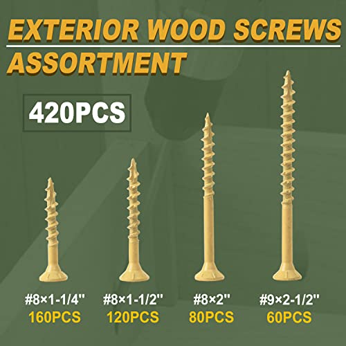 Image of LIONMAX Wood Screws Assortment Kits 4 Size 420PCS, Deck Screws Kits | 1-1 /4 inch, 1-1 /2 inch, 2 inch, 2-1 /2 inch, Star Drive Screws with Coarse Thread, Tan Coated for Exterior Use, Self-Tapping, T25 Bit Included