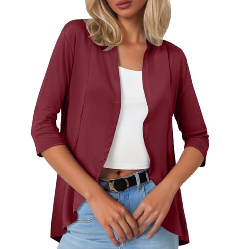Generisch Cárdigan para mujer de manga 3/4, elegante cárdigan con adornos de volantes, chaqueta de entretiempo ligera de verano, suave y abierta, parte delantera abierta, sudaderas informales para la