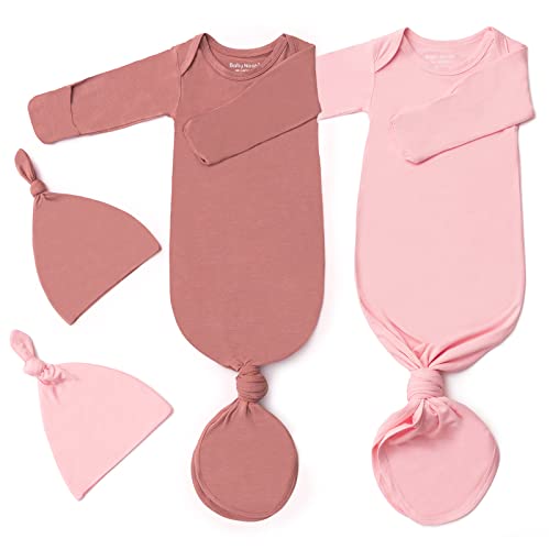 Image of 2Pk Newborn Baby Knotted Gown, Super Soft Silky Infant Long Sleeve Sleeper for Baby Sleeping with Hat or Headband (2 Packs)
