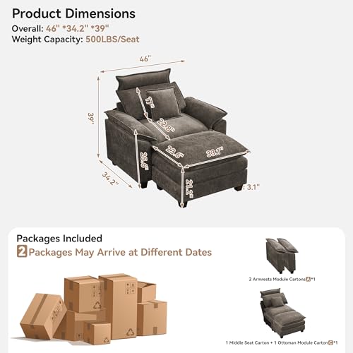 Image of 46''Cloud Oversized Sofa Chair with Detachable Headrest, Upholstered Comfy Arm Accent Chair with Ottoman,Modern Chenille Reading Lounge Armchair for Living Room,Bedroom, Brown
