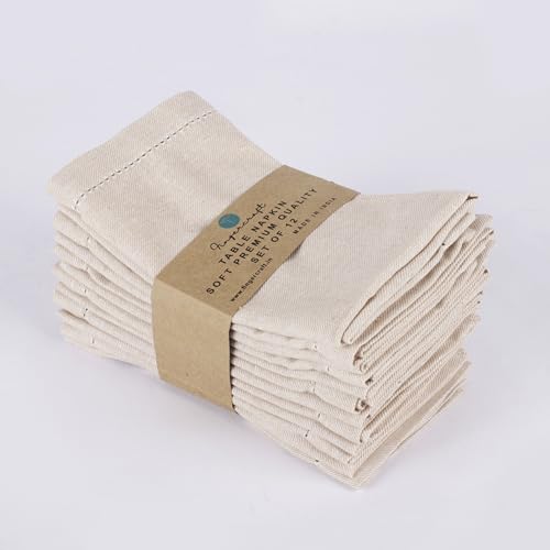 Image of FINGERCRAFT Hemstitched Cotton Table Napkins - Set of 12, 20x20 Inch, 100% Cotton Cloth Napkins with Faggoting Stitching - Durable & Elegant for Parties, Hotels, Everyday Use (Ivory Twill)
