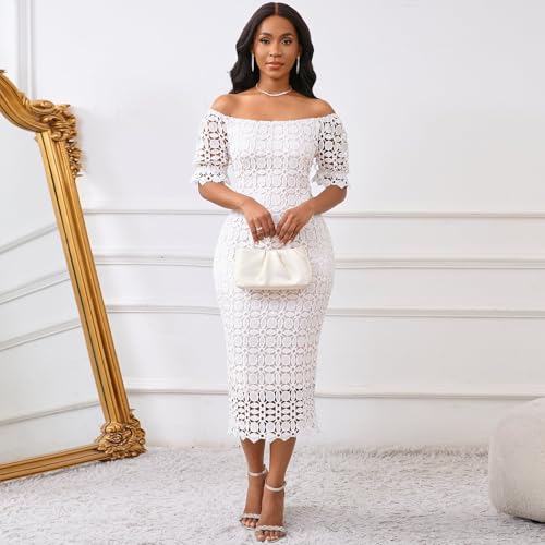 Image of Cololura Elegant Sexy Floral Lace Short Sleeve Off Shoulder Evening Gown Party Formal Bodycon Midi Dress