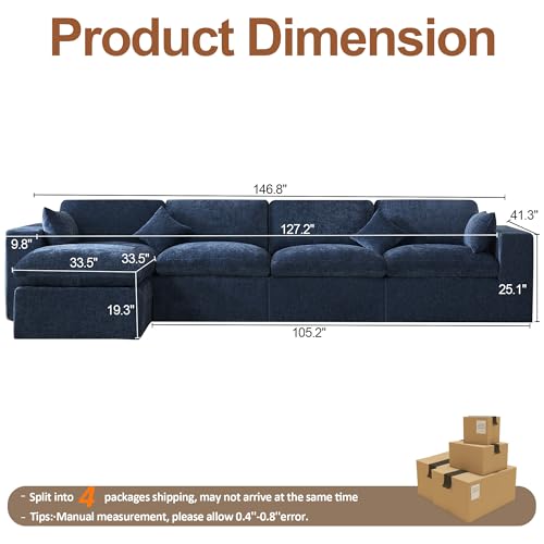 Image of 146''Cloud Boneless Sectional Couch, Modular Sectional Sofa Deep Seat with Ottoman, Oversized Upholstered Convertible Comfy 5 Seater Chenille Sofa L Shape Couches for Living Room, Navy
