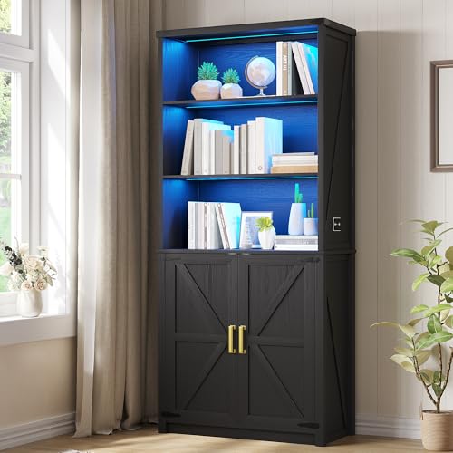 HWB Bookshelf and Bookcase with Doors, Farmhouse 5 Tier Book Shelves with Storage Cabinet, Floor Standing Bookcases with 3-Color Lights for Home Office, Living Room, Bedroom, Black