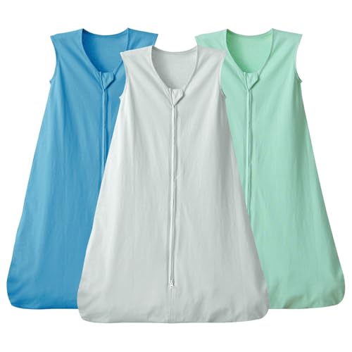 Image of david's kids 3 Pack 100% Cotton Baby Sleep Sack 12-18 Months, Soft Baby Wearable Blankets with 2-Way Zipper, Comfy Toddler Sleeping Bags for Boys Girls Neutral, Large Size, Grey & Blue & Green