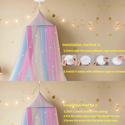Image of Rainbow Bed Canopy with Glow in The Dark Stars,X-Large Princess Rainbow Bed Curtains Mosquito Netting for Girls Bedroom,Kids Fairy Dream Play Hanging Canopy Tent for Room