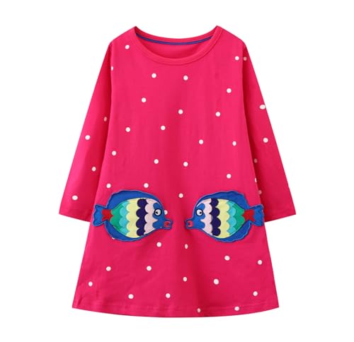 HILEELANG Toddler Girl Dress Long Sleeve Pocket Cotton Casaul Rose Red Fish Embroidery Playwear Shirt Jersey Dresses 2T