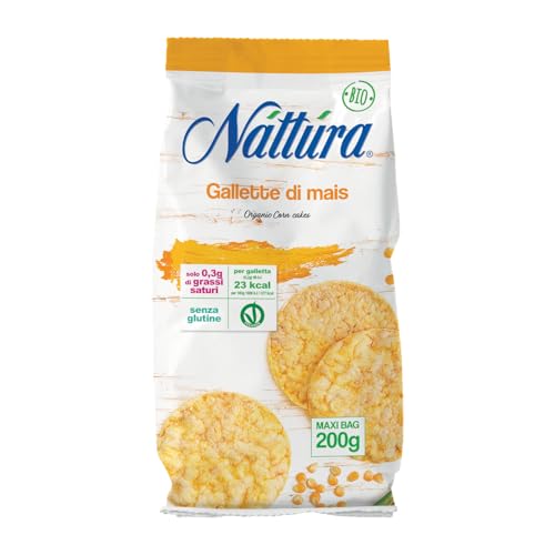 NATTURA Gallette di Mais Bio, Delizioso Snack senza Glutine e Ricco di Fibre, Prodotto Vegano a Basso Contenuto di Grassi Saturi, 23 Kcal per Galletta, Maxi Busta da 200 g