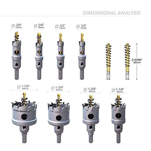 GSTK Upgrade Heavy Duty Carbide TCT Carbide Hole Saw Kit 10Pcs for Hard Metal, with 2*Extra Titanium Plated Pilot Center Drill and 2*L-Wrench