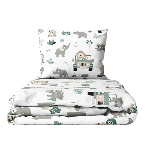 Baby Comfort Juego de edredón y almohada de 2 piezas para niños pequeños, 135 x 100 cm, tela 100% algodón, transpirable, lavable a máquina, para cuna de 12 meses en adelante (coches safari)