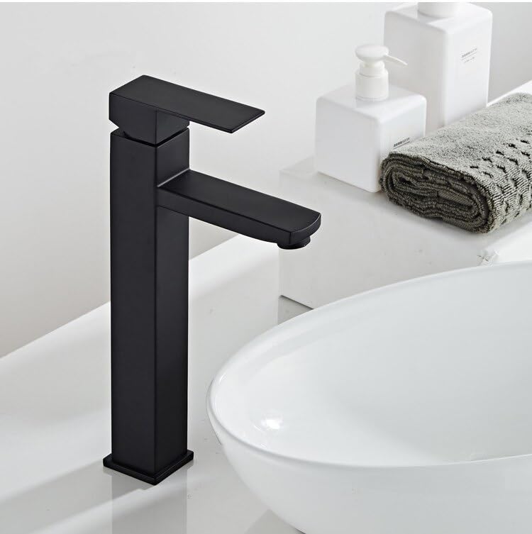 Mitigeur lavabo noir haut en acier inoxydable eau chaude et froide pour salle de bain