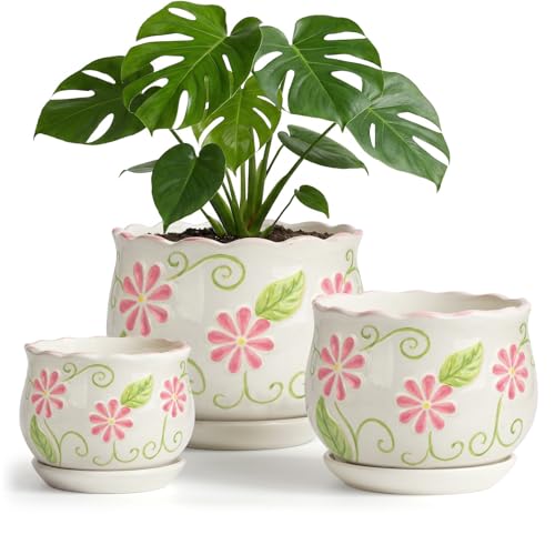 STHIE Pink Ceramic Flower Pots 4+5.2+6.6 Inch Small Flower Pots for Indoor Plant with Drainage Hole Modern Decorative Plant Pots Set of 3 Indoor Planters with Saucer