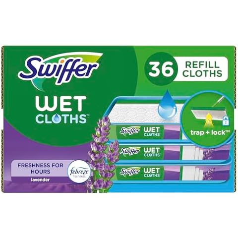 Swiffer Sweeper Wet Mopping Cloth Multi Surface Refills, Mops for Floor Cleaning, Febreze Lavender Scent, 36 Count Cover