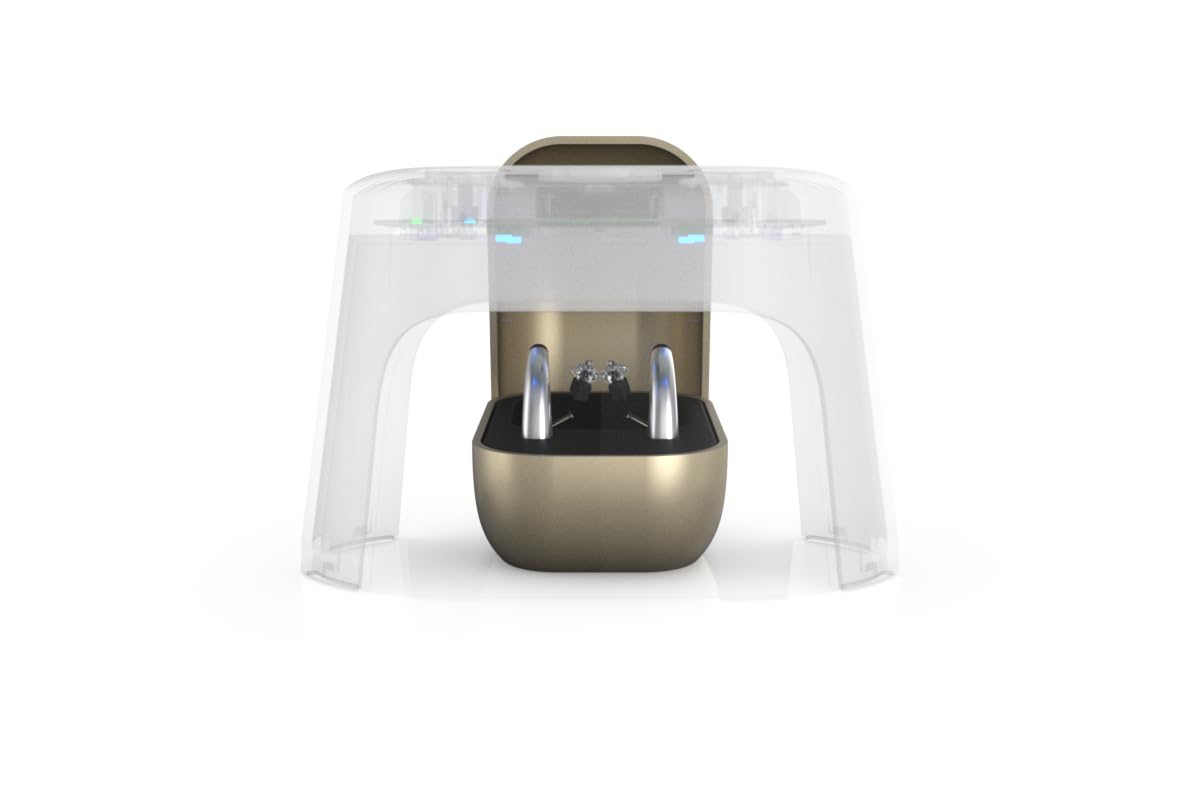 flow-med dry-cap UV 4 - Deumidificatore Apparecchi Acustici - Ricarica, Disinfezione e Asciugatura Simultanee - Per ogni Apparecchio Acustico - 4 LED UV-C - Ventola e Calore - Sensore SMART
