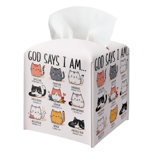 Cute Cat Tissue Box Holder God Says I Am Christian Leather Tissue Box Cover Square Paper Napkins Everyday Dispenser for Bathroom Night Stands Kitchen Office Christian Home Decor