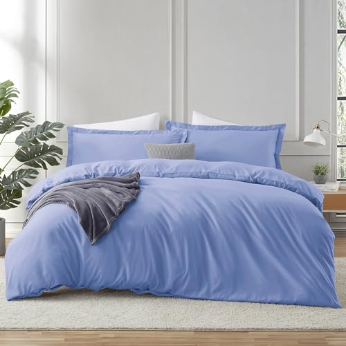 Image of Hearth & Harbor Calm Blue Duvet Cover with Fitted Sheet Full Size | 4 Piece Soft Double Brushed Bedding Set, Button Closure, 1 Duvet Cover 80x90 Inches, 1 Fitted Sheet, 2 Pillow Shams