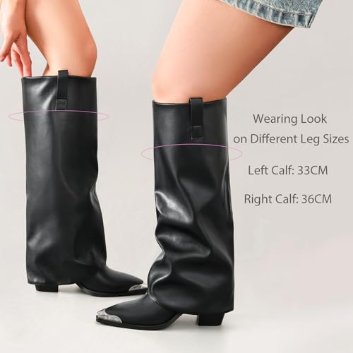 Womens Fold Over Boots Knee High Metal Pointed Toe Chunky Heel Pull On Fall Long Dress Shark Boots2