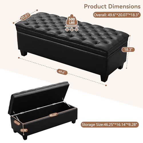 Image of WUTUTUEE 50 inch Faux Leather Storage Ottoman Bench, End of Bed Upholstered Rectangle Storage Ottoman Tufted Living Room Bedroom Bench with Safety Hinge, Solid Wood Legs, Loads 500 lb(Black)