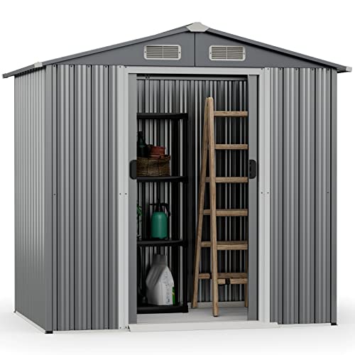 COSTWAY Gartenhaus Metall, 182 x 129 x 196 cm Geräteschuppen mit Luftschlitzen, abschließbaren Schiebetüren, Gerätehaus inkl. Handschuhen, Verzinkter Stahl, für Garten, Hof, Grau