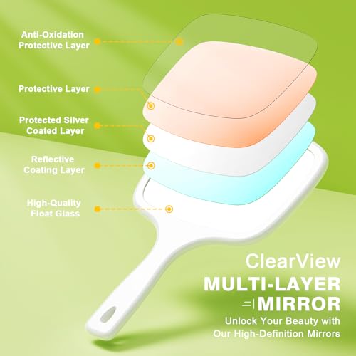 Auxmir Hand Mirror, Double-Sided 1X/10X Magnifying Mirror with Handle, Professional Salon Barber Hairdressing Handheld Mirror, White 18cm x 28.5cm (7.2" x 11.2")
