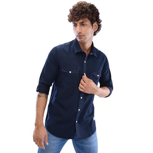 Image of Spykar Men's Slim Fit N /A Full Sleeve Indigo Casual Shirts