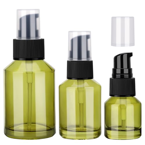 Image of Segbeauty 3pcs Refillable Glass Creams Lotions Bottles, 0.5oz Empty Travel Glass Pump Bottle Lotion 1oz Lotion Pump Bottle Dispenser for Essential Oils, 2oz Mini Travel Container for Foundation Green