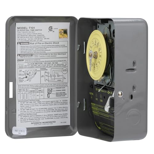 Image of Intermatic T101 24-Hour Mechanical Timer Switch - 120V SPST, Indoor Metal Enclosure, Heavy Duty, Manual Override, 40 Amp - Ideal for Lights, Pumps, Fans, and HVAC Systems (Pack of 3)