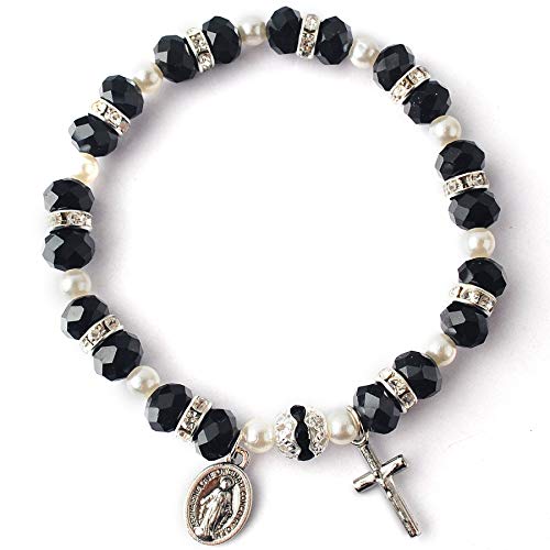HanlinCC Women's Beaded Stretch Rosary Bracelet with Crucifix and Miraculous Medal (Black)